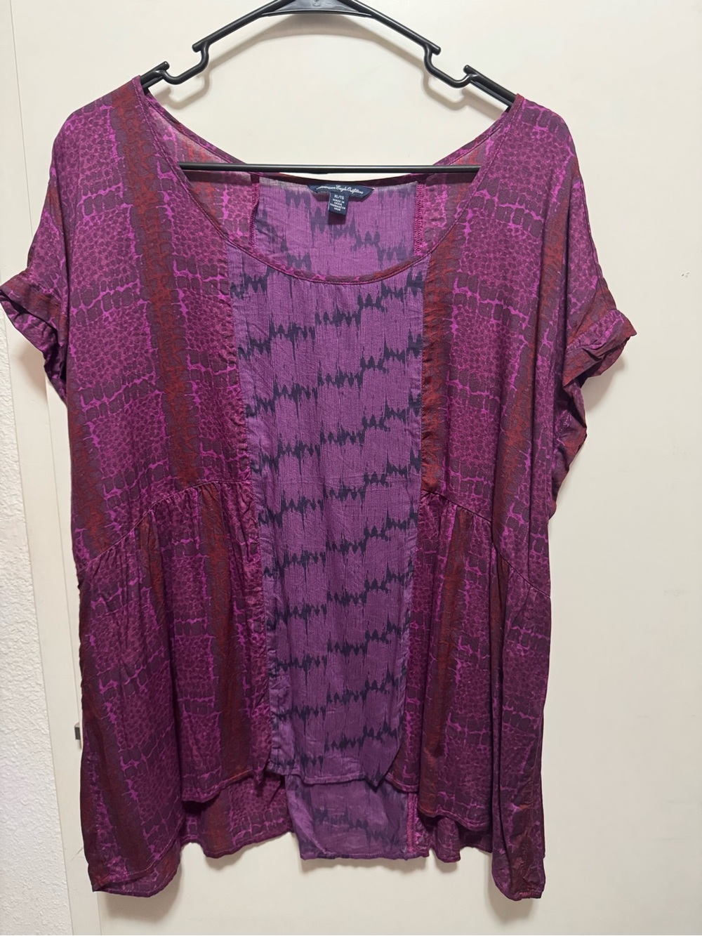 American Eagle Outfitters Purple Patterned Short-Sleeve Babydoll Top
